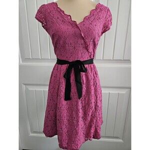 ELLE Pink Gold Shimmer Lace Fit N Flare Party Cocktail Dress Sz 8 Lined Belted